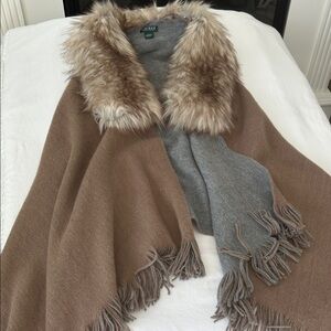 Lauren Faux Fur Collar Reversible Shawl Cape One Size Taupe Brown & Grey